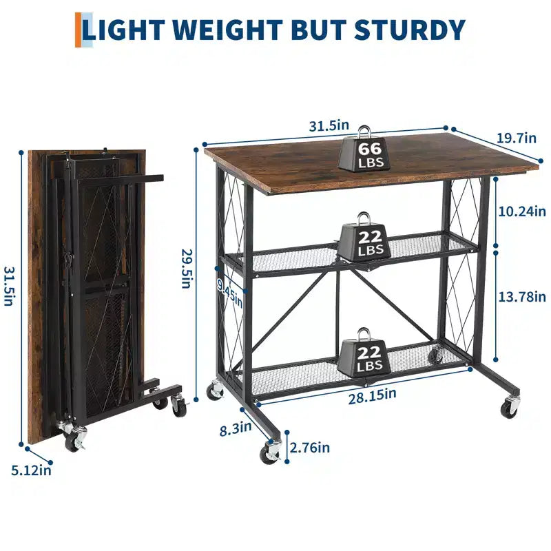 Bureau roulant pliable de 31,5 pouces avec roues et chariot de rangement à 3 niveaux en fil métallique