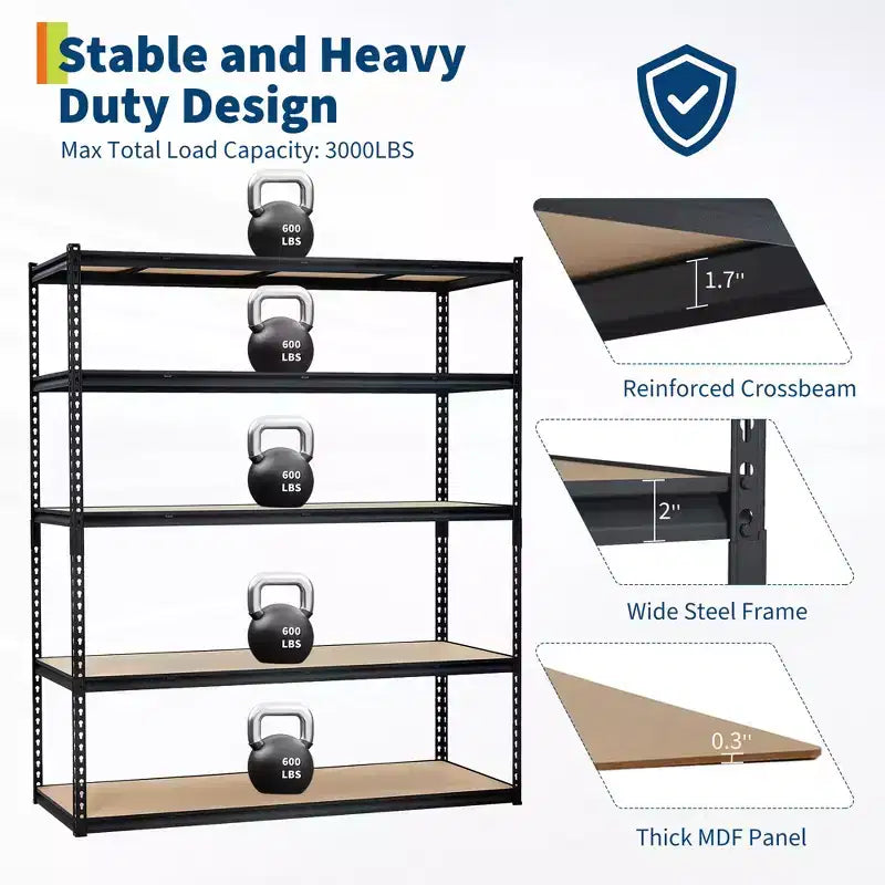 Étagère de Rangement de Garage Robuste Unité de Stockage à 5 Niveaux Réglable en Métal Capacité de 900 à 1130 kg Organisateur Autoportant pour Sous-sol