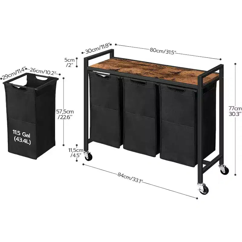 Trieur à linge 3 sections, panier à linge à roulettes, 3 x 43,5 L, panier à linge roulant, sacs à linge coulissants et amovibles en tissu Oxford