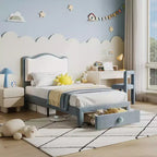 Lit Enfant Style Princesse - Cadre de Lit Simple capitonné avec tête de lit festonnée et tiroir de rangement - Lattes en bois robustes, sans bruit, assemblage facile