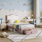 Lit Enfant Style Princesse - Cadre de Lit Simple capitonné avec tête de lit festonnée et tiroir de rangement - Lattes en bois robustes, sans bruit, assemblage facile