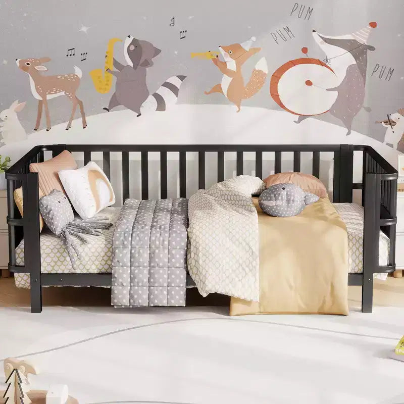 Cadre de lit plateforme enfant taille jumeau, lit pour tout-petits, lit de jour pour enfants, profil bas en métal avec barrières latérales amovibles