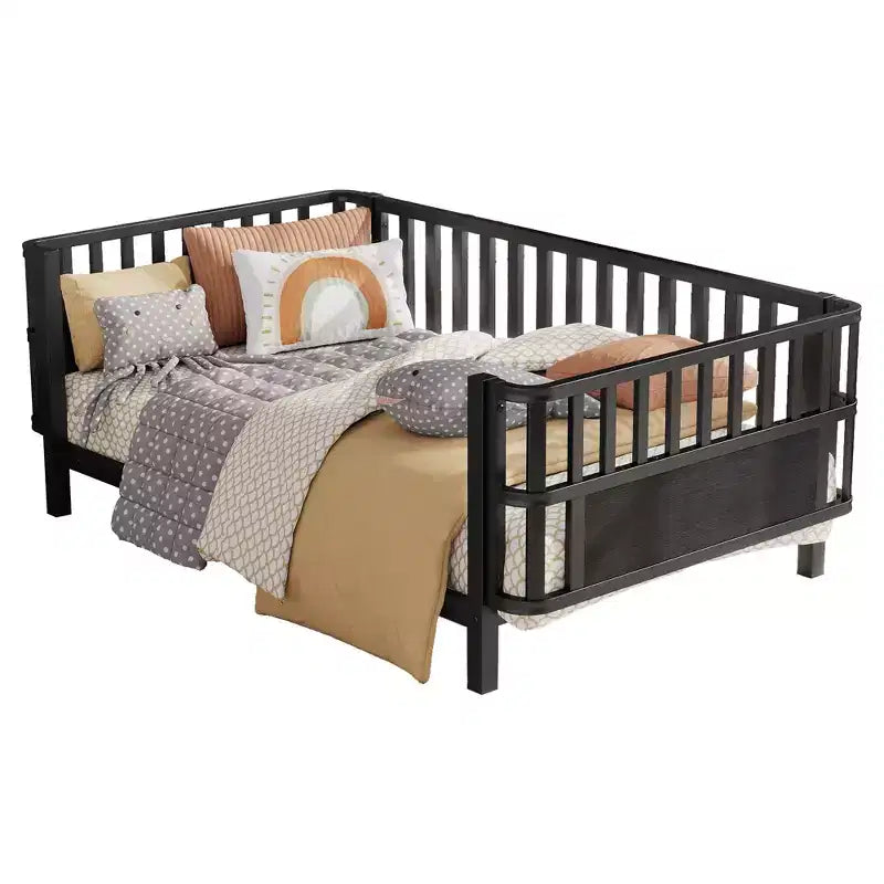 Cadre de lit plateforme enfant taille jumeau, lit pour tout-petits, lit de jour pour enfants, profil bas en métal avec barrières latérales amovibles