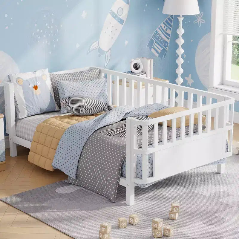 Cadre de lit plateforme enfant taille jumeau, lit pour tout-petits, lit de jour pour enfants, profil bas en métal avec barrières latérales amovibles