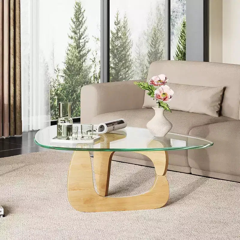 Petite table basse en verre avec pieds en bois massif, table de salon triangulaire style Mid-Century 36"