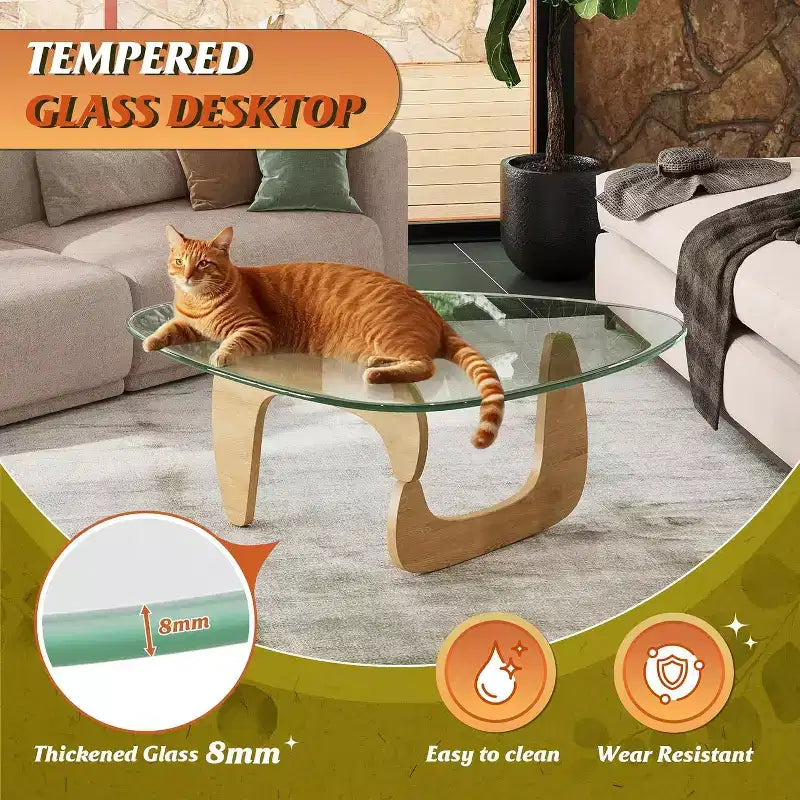 Petite table basse en verre avec pieds en bois massif, table de salon triangulaire style Mid-Century 36"