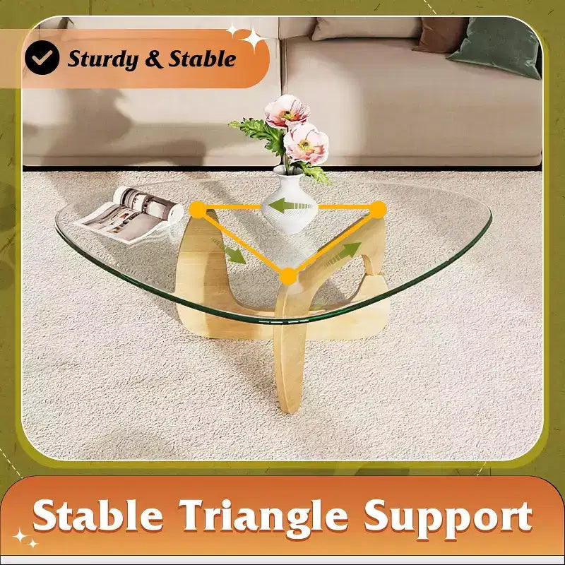 Petite table basse en verre avec pieds en bois massif, table de salon triangulaire style Mid-Century 36"