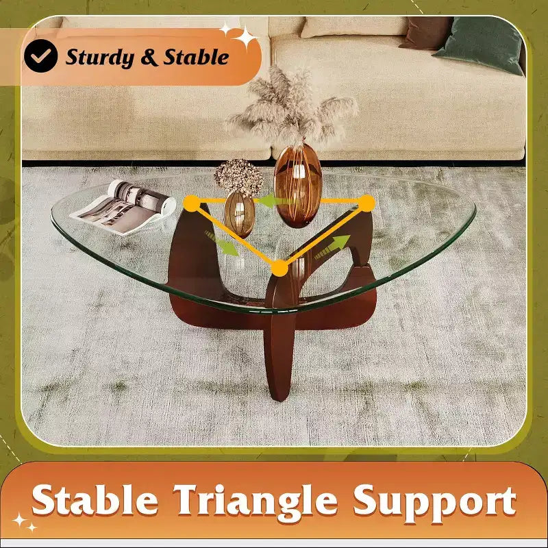 Petite table basse en verre avec pieds en bois massif, table de salon triangulaire style Mid-Century 36"