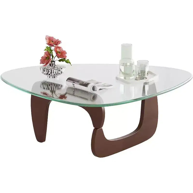 Petite table basse en verre avec pieds en bois massif, table de salon triangulaire style Mid-Century 36"