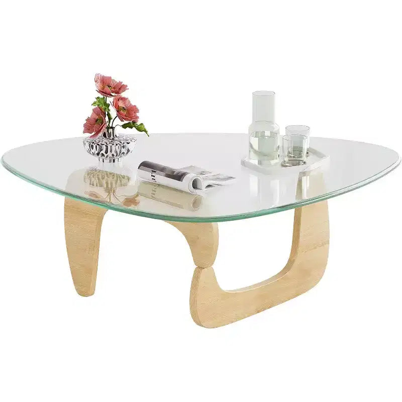 Petite table basse en verre avec pieds en bois massif, table de salon triangulaire style Mid-Century 36"