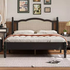 FAMYYT Queen Size Wooden Platform Bed with Natural Rattan Headboard and Wooden Slat Support, Easy Assembly