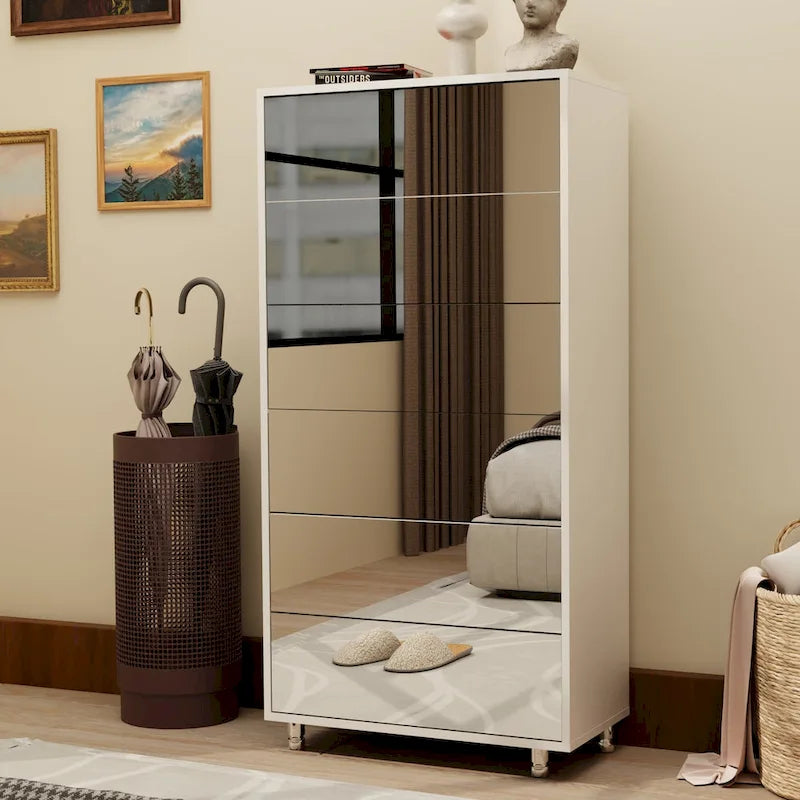 Meuble à chaussures miroir avec 6 tiroirs à abattant, organisateur de rangement pour une grande quantité de chaussures, 4 pieds en métal, porte à abattant à ouverture manuelle.