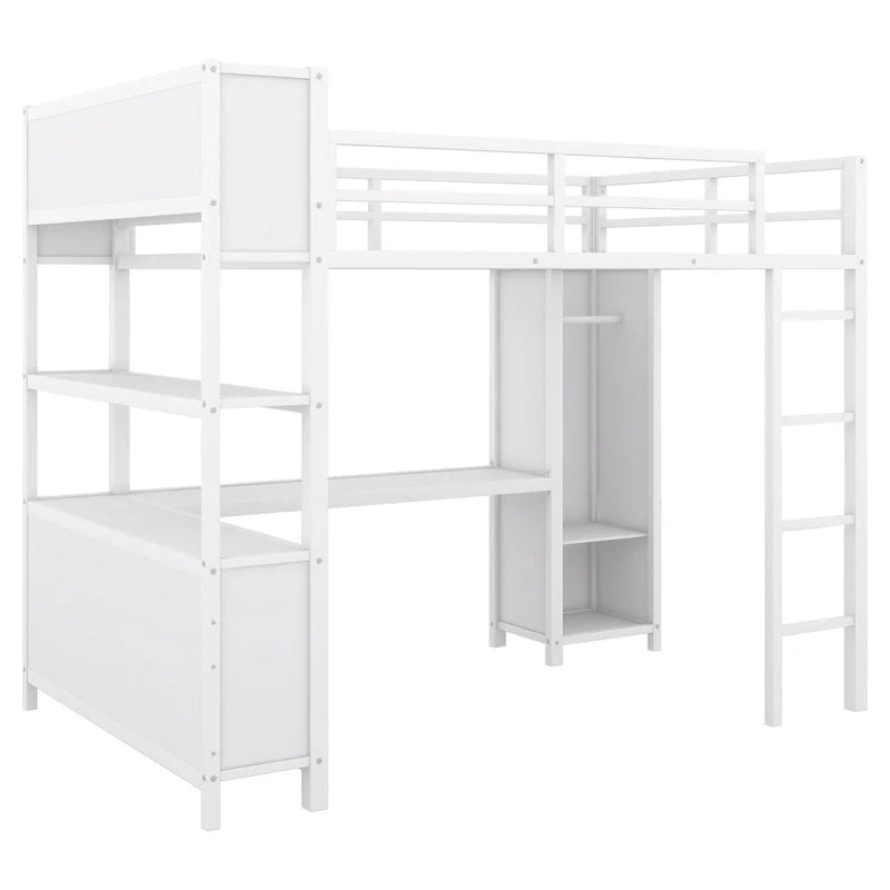 Lit mezzanine en métal blanc cassé avec bureau et armoire - Grand lit