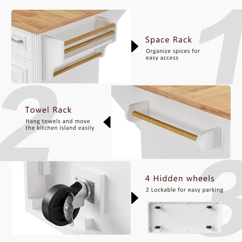 Grand îlot de cuisine avec rabat en bois, desserte de cuisine roulante texturée en relief avec portes et tiroirs avec rangement pour la cuisine, blanc