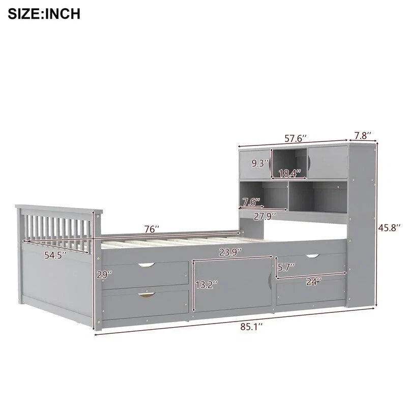 Lit plateforme capitaine double/grand avec 4 tiroirs et étagères de rangement, cadre de lit en bois massif avec tête de lit bibliothèque de rangement