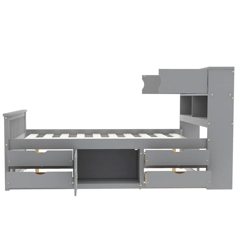 Lit plateforme capitaine double/grand avec 4 tiroirs et étagères de rangement, cadre de lit en bois massif avec tête de lit bibliothèque de rangement