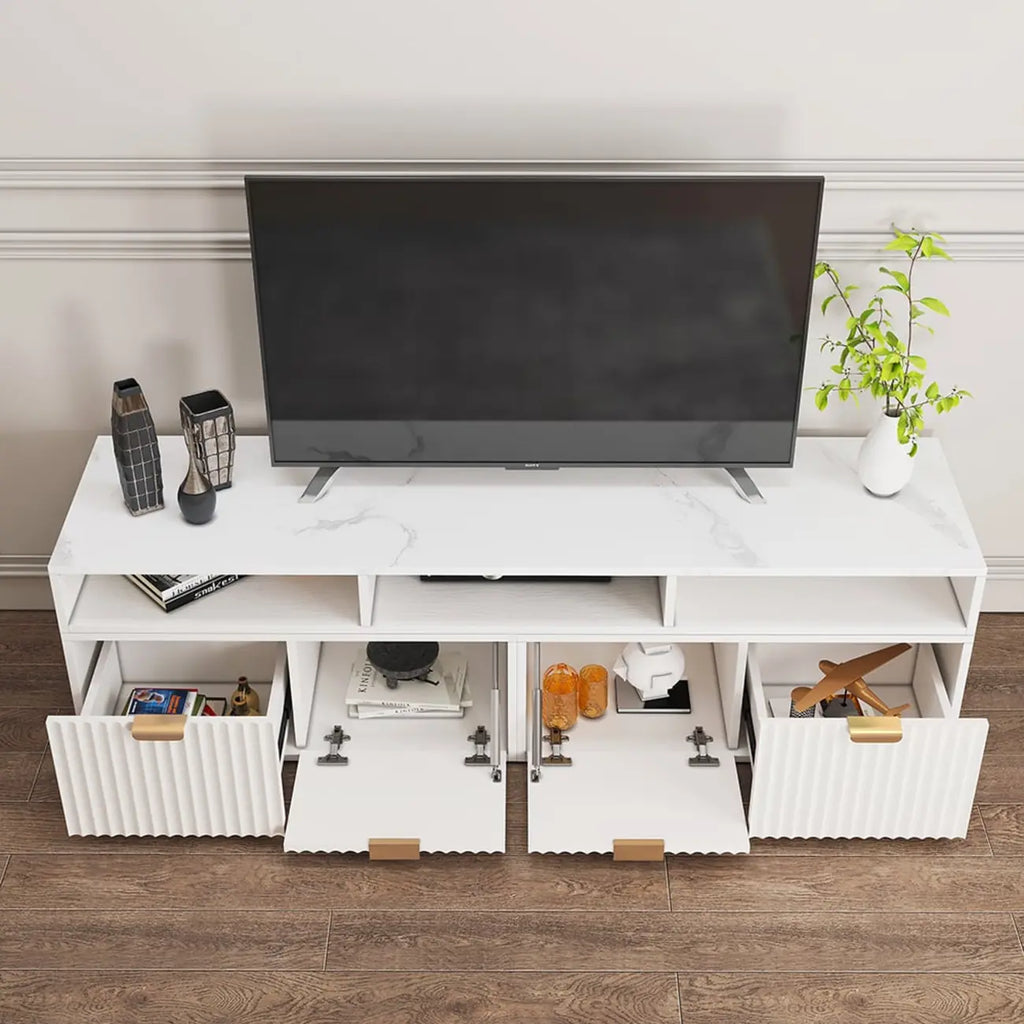 Meuble TV d'angle moderne blanc avec 2 tiroirs et rangement ouvert