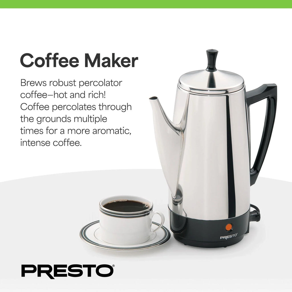 Cafetière à percolateur Presto en acier inoxydable, 12 tasses, robuste, argent - 2.79