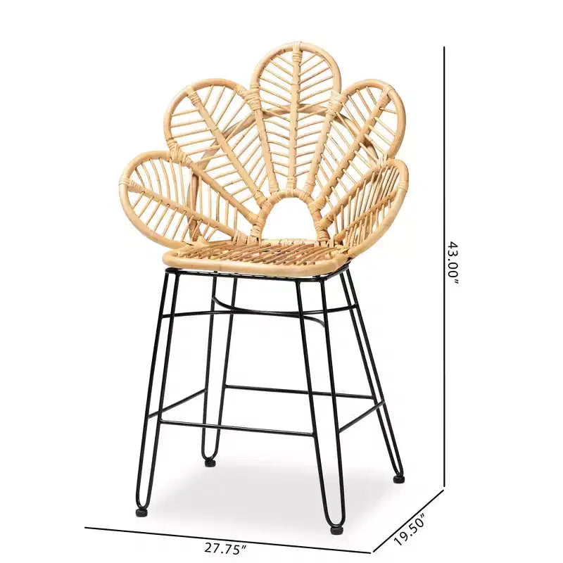 Tabouret de bar hauteur comptoir en rotin et métal Naturel/Noir - Style bohème, Hauteur d'assise 62 cm