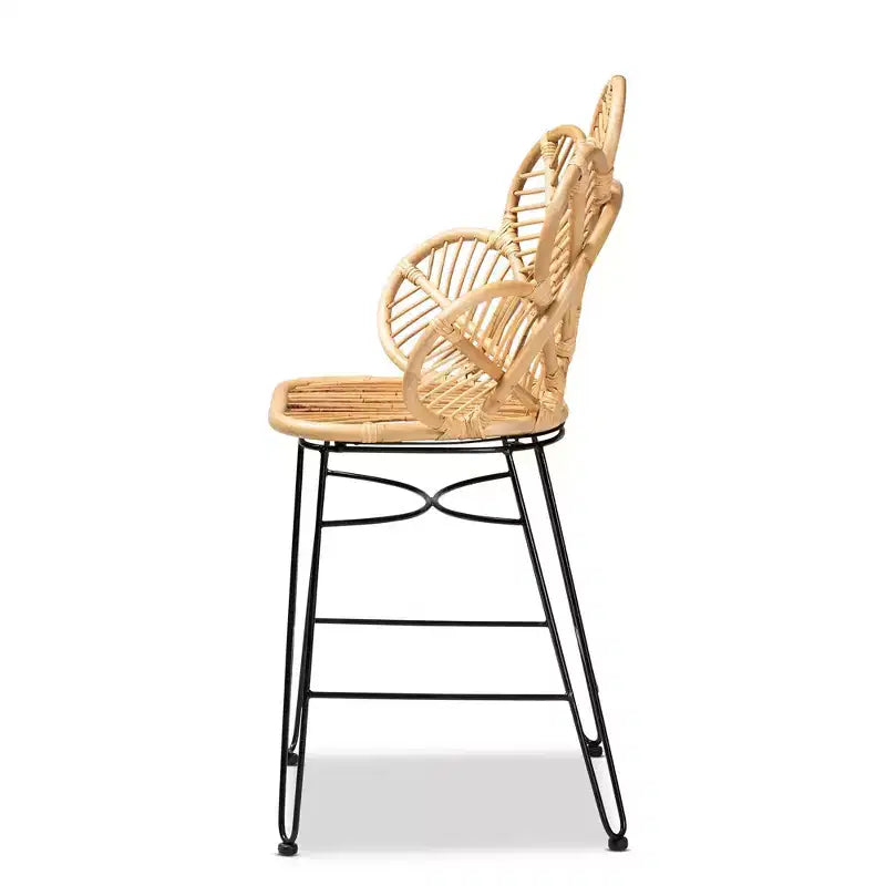 Tabouret de bar hauteur comptoir en rotin et métal Naturel/Noir - Style bohème, Hauteur d'assise 62 cm
