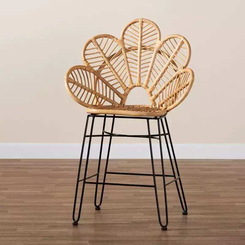 Tabouret de bar hauteur comptoir en rotin et métal Naturel/Noir - Style bohème, Hauteur d'assise 62 cm