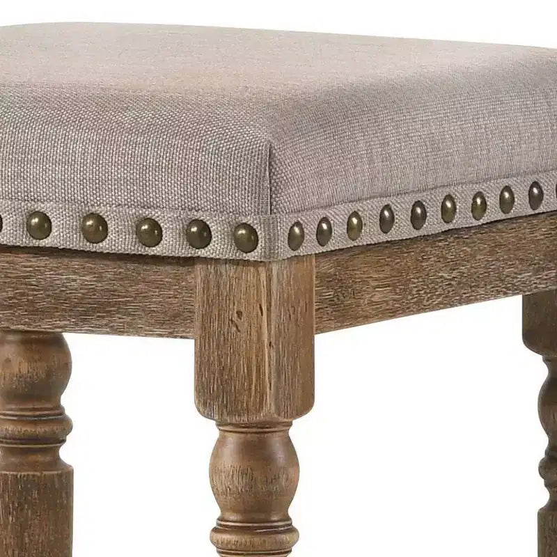 Tabouret de bar hauteur comptoir Tissu beige/Finition chêne vieilli - Revêtement en lin, Clous décoratifs, Structure en bois