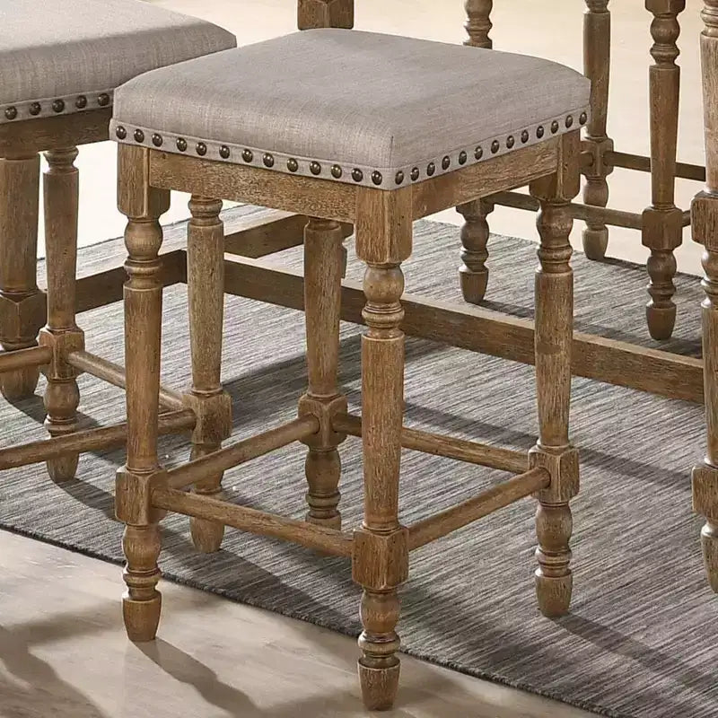 Tabouret de bar hauteur comptoir Tissu beige/Finition chêne vieilli - Revêtement en lin, Clous décoratifs, Structure en bois
