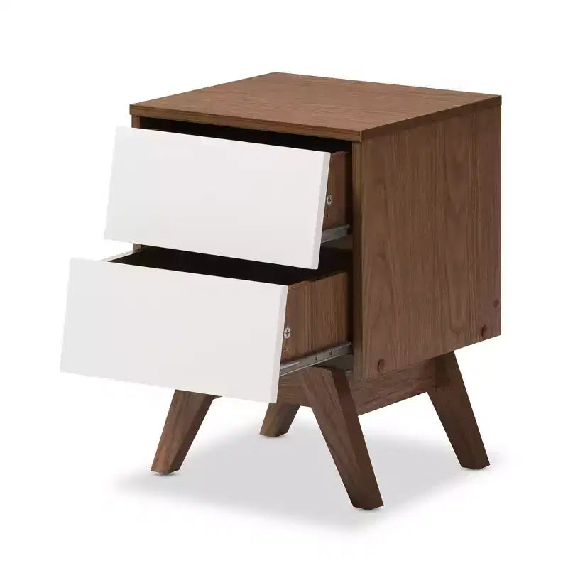 Table de chevet de rangement Mid-Century Modern en bois à 2 tiroirs avec pieds évasés
