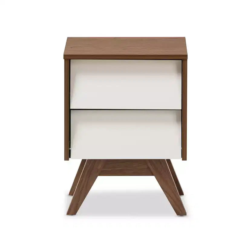 Table de chevet de rangement Mid-Century Modern en bois à 2 tiroirs avec pieds évasés