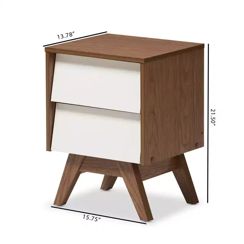 Table de chevet de rangement Mid-Century Modern en bois à 2 tiroirs avec pieds évasés