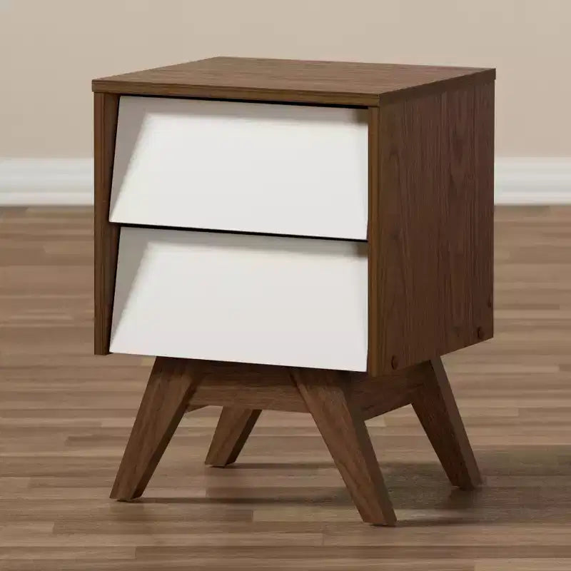 Table de chevet de rangement Mid-Century Modern en bois à 2 tiroirs avec pieds évasés