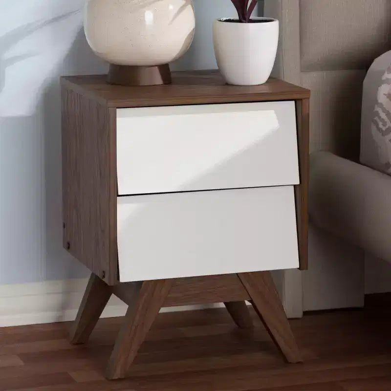 Table de chevet de rangement Mid-Century Modern en bois à 2 tiroirs avec pieds évasés