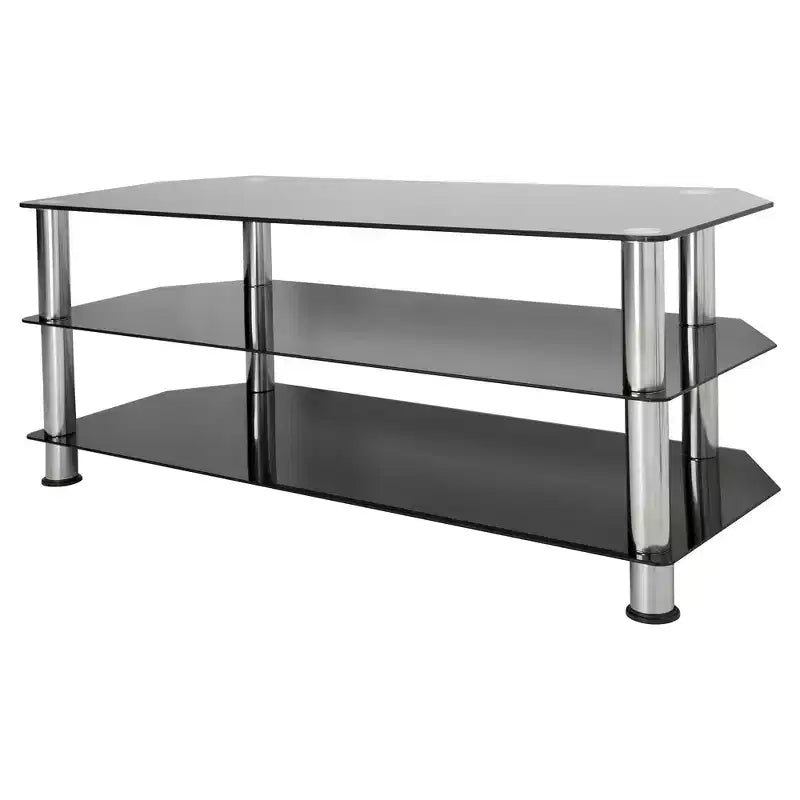 Meuble TV en verre pour téléviseurs jusqu'à 55" - Argent/Noir : pieds chromés, pour coin, design ouvert