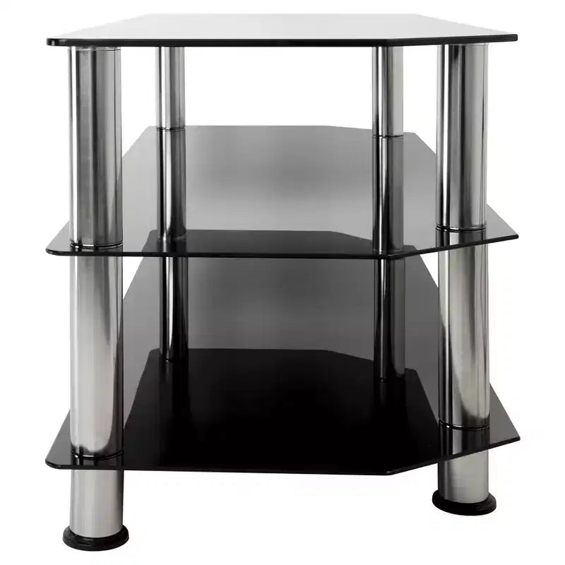 Meuble TV en verre pour téléviseurs jusqu'à 55" - Argent/Noir : pieds chromés, pour coin, design ouvert