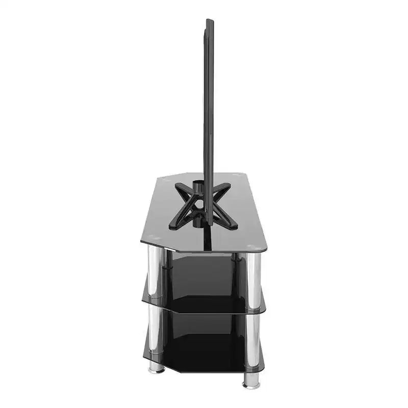 Meuble TV en verre pour téléviseurs jusqu'à 55" - Argent/Noir : pieds chromés, pour coin, design ouvert