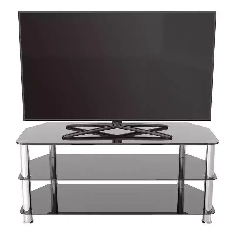 Meuble TV en verre pour téléviseurs jusqu'à 55" - Argent/Noir : pieds chromés, pour coin, design ouvert