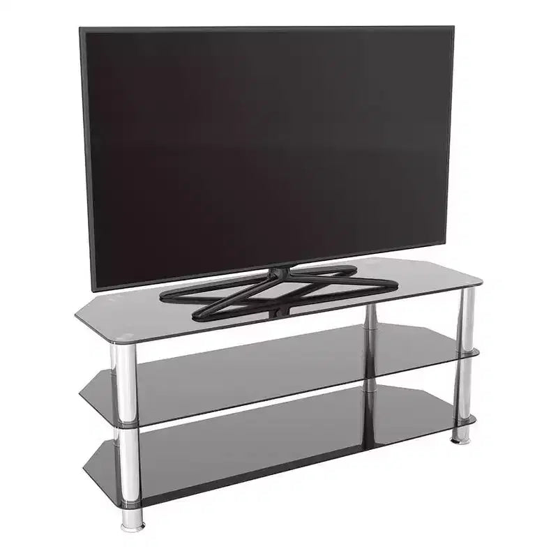 Meuble TV en verre pour téléviseurs jusqu'à 55" - Argent/Noir : pieds chromés, pour coin, design ouvert