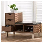 Arielle Modern and Contemporary Wood 3 - Drawer Shoe Storage Padded Leatherette Seating Bench with Two Open Shelves - Walnut Brown - Baxton Studio