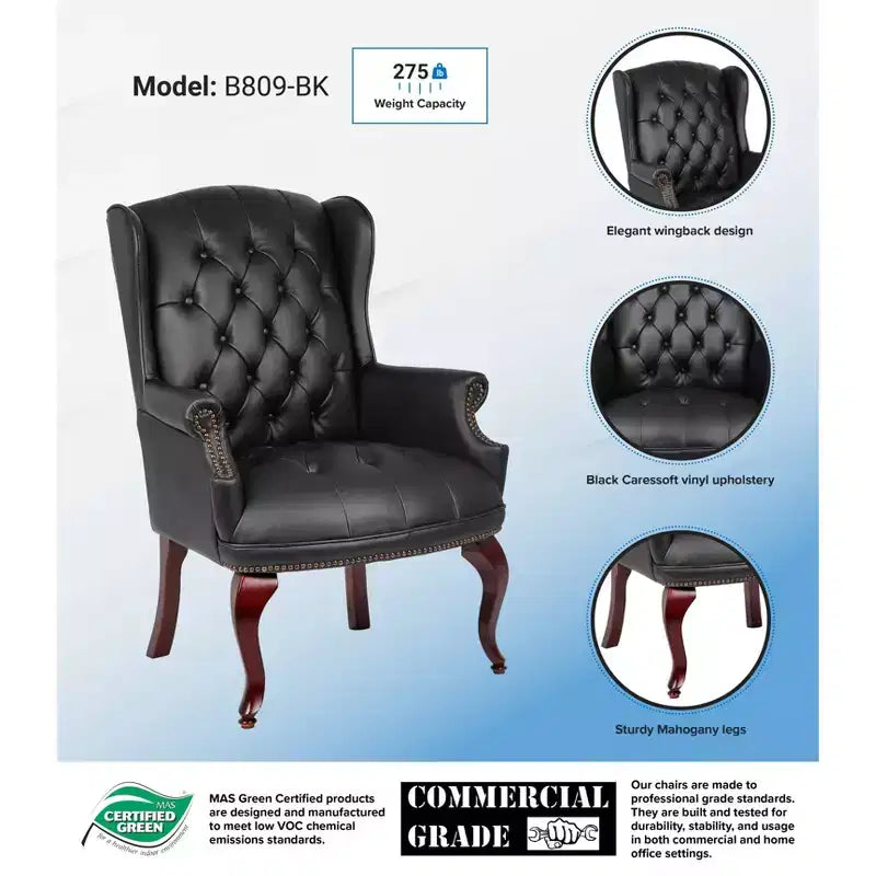 Fauteuil visiteur traditionnel à dossier haut en vinyle noir