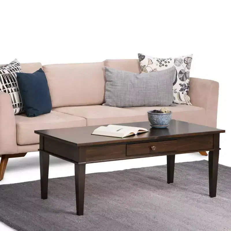 Table basse en bois massif de 112 cm avec tiroir, finition laquée