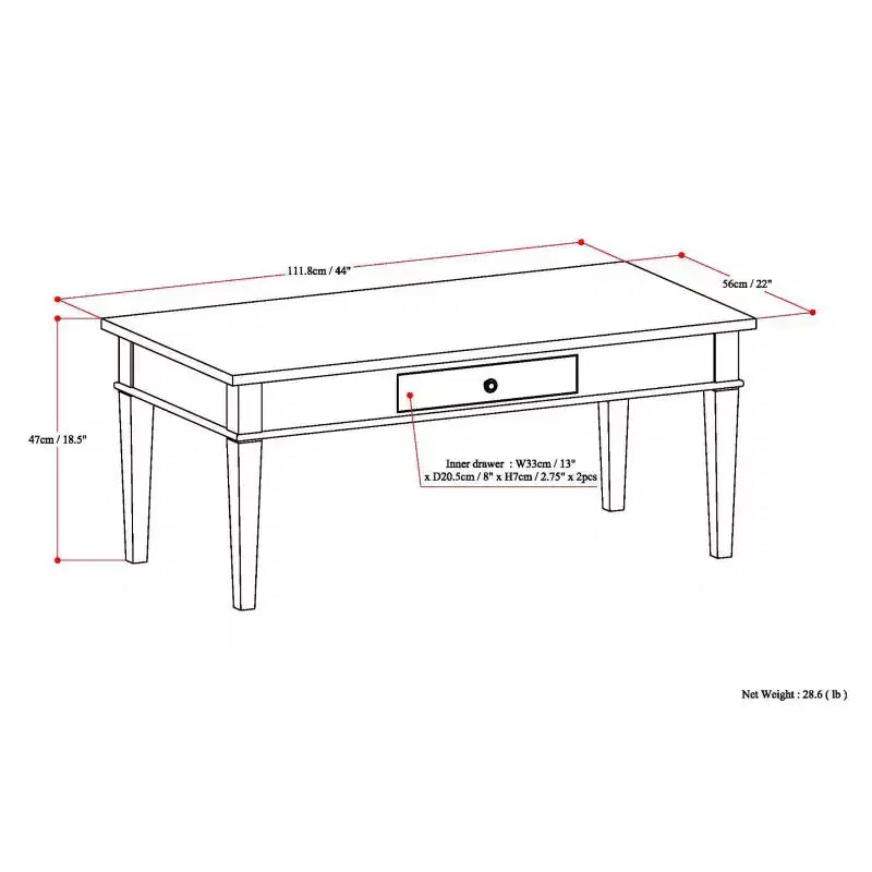 Table basse en bois massif de 112 cm avec tiroir, finition laquée