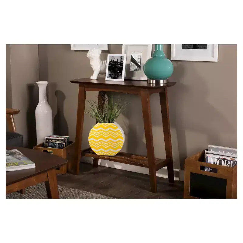 Table console de style scandinave moderne du milieu du siècle - Noyer foncé - Bois d'hévéa avec étagère ouverte