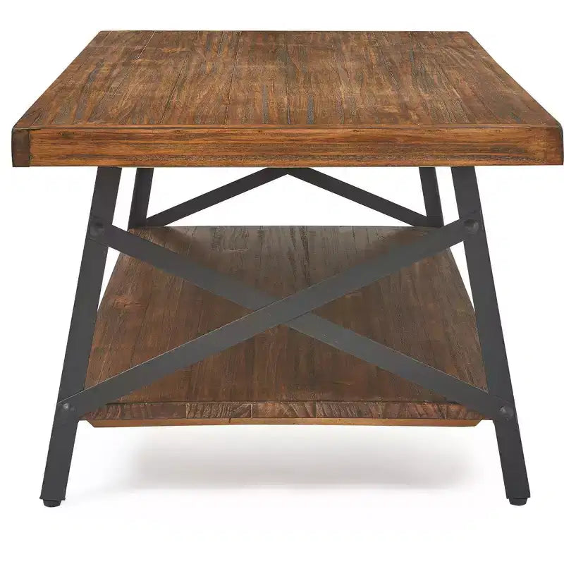 Table basse en bois massif et métal : cadre noir robuste, conception à 2 niveaux