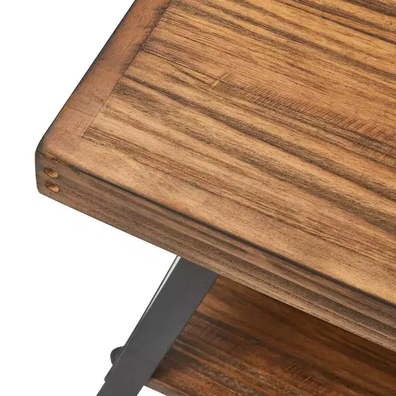 Table basse en bois massif et métal : cadre noir robuste, conception à 2 niveaux
