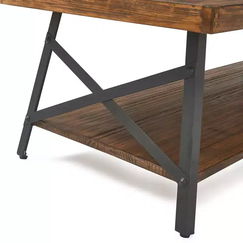 Table basse en bois massif et métal : cadre noir robuste, conception à 2 niveaux