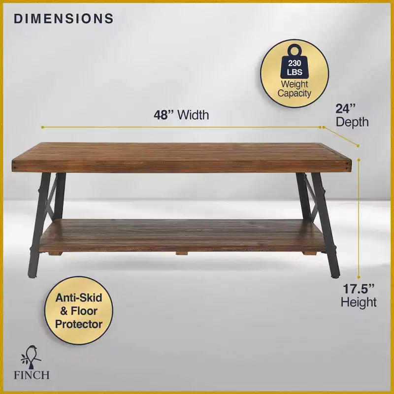 Table basse en bois massif et métal : cadre noir robuste, conception à 2 niveaux