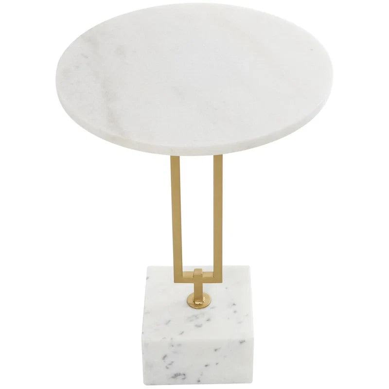 Table d'appoint géométrique en marbre avec support rectangulaire en métal doré - Blanc