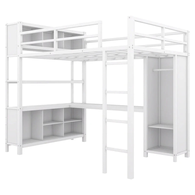 Lit mezzanine en métal blanc cassé avec bureau et armoire - Grand lit