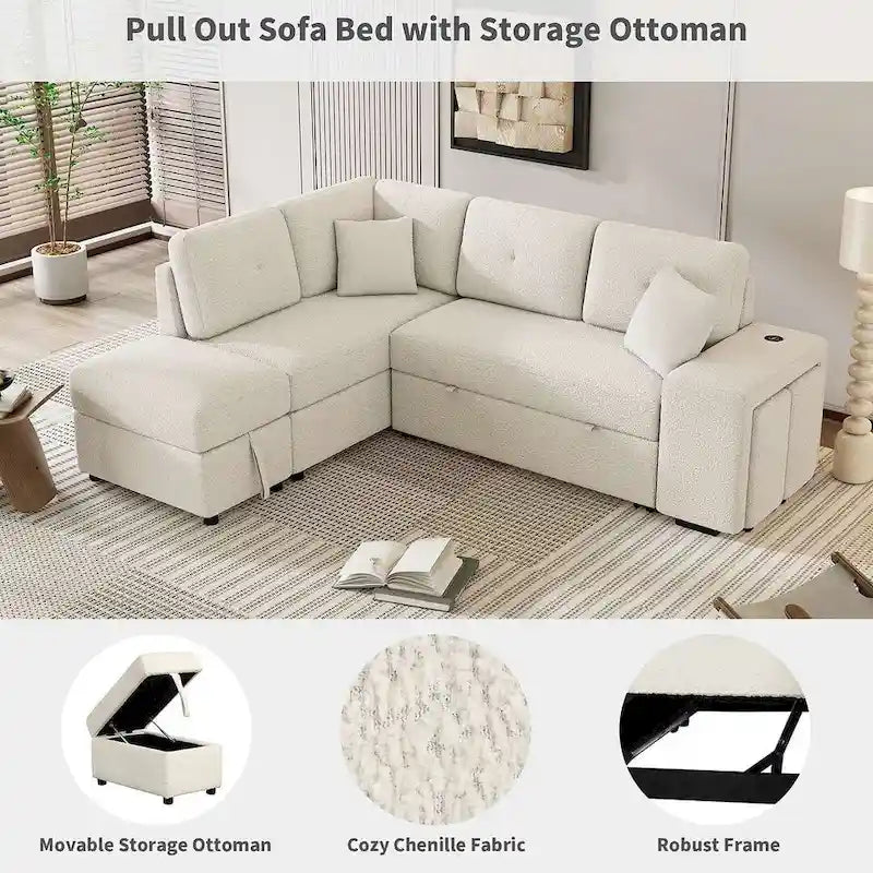 Canapé d'angle convertible avec pouf de rangement, canapé-lit pour salon