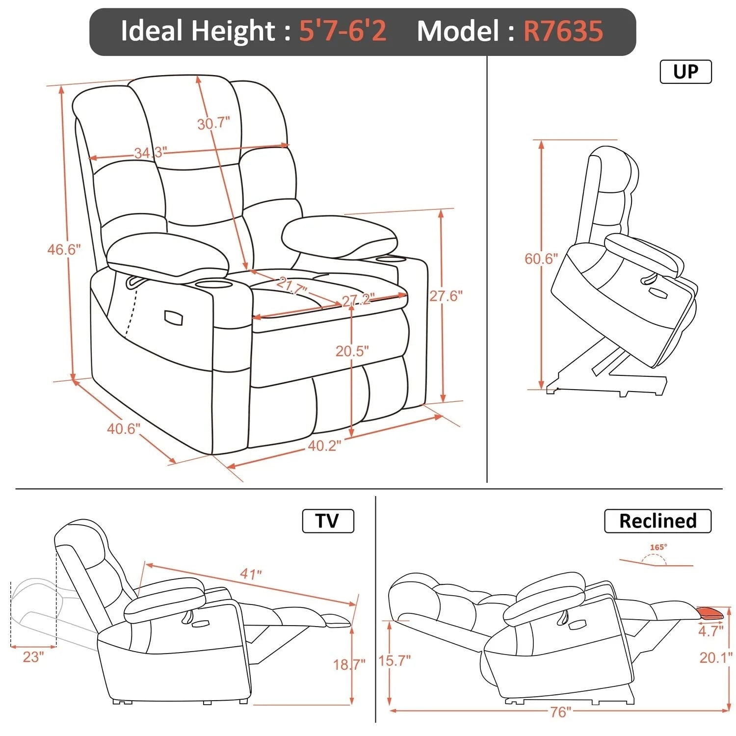 Fauteuil inclinable électrique double moteur grand et large MCombo avec massage et double chauffage pour personnes âgées de grande taille, tissu R7635